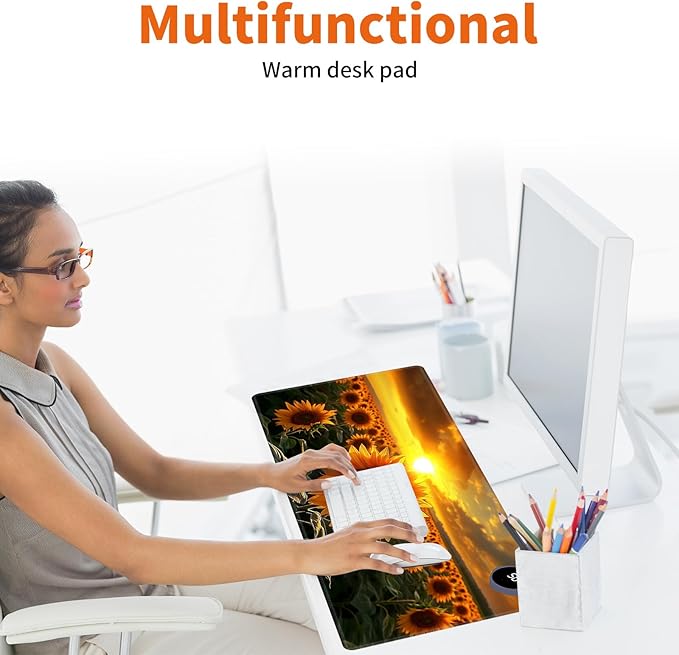 Heated Mouse Pad,Warm Desk Pad with 3 Levels Heating & 3 Hours Auto Shut-Off, PU Leather Heated Desk Pad Warmer Pad for Home Office - 23.6 x 14.2 inch,Sunflower Clusters