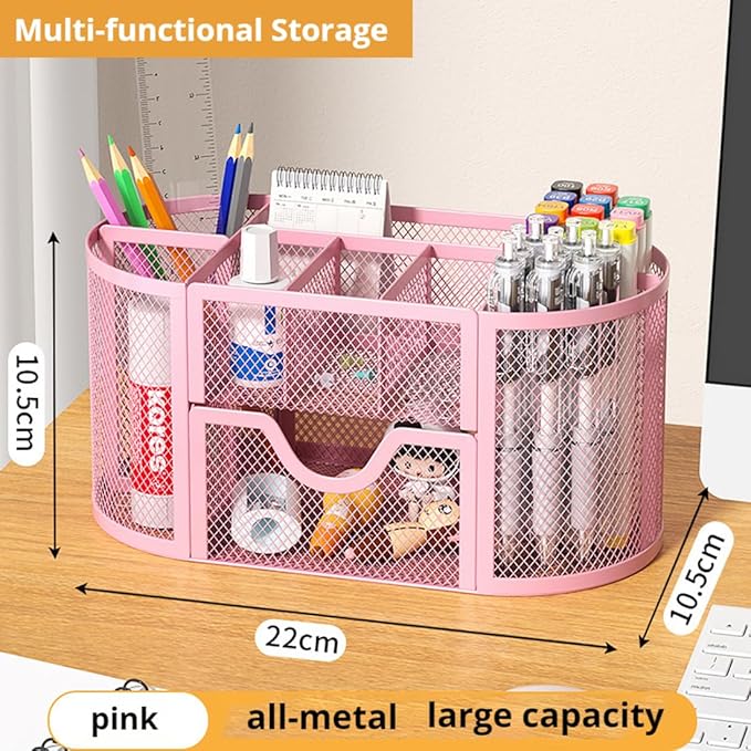 Wire Mesh Desk Organizer, Pink Pen Holder and Desk Organizer with Compartments, Desk Drawer Organizers and Accessories for Office School Home Supplies Teacher Students