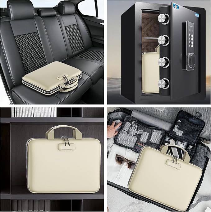 Fireproof File Organizer with Lock, Hard Case Fireproof Document Box with 13 Colorful Pockets Accordion File Folder, Important Document Organizer for Letter A4 Files Laptop Passports (Beige)