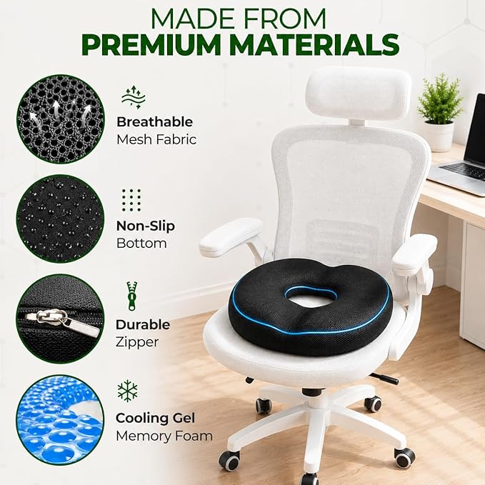 AnboCare Donut Gel Sitting Pillow - Orthopedic Memory Foam for Tailbone Pain, Hemorrhoid, Bed Sores, Postpartum, Prostate, Coccyx & Sciatica Pain