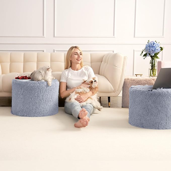 Hansleep Round Stuffed Pouf Ottoman 17 x 14, Foam Filled Faux Fur Ottoman Foot Rest for Chair with Washable Cover, Foot Stools Under Desk for Living Room & Bedroom, Grey