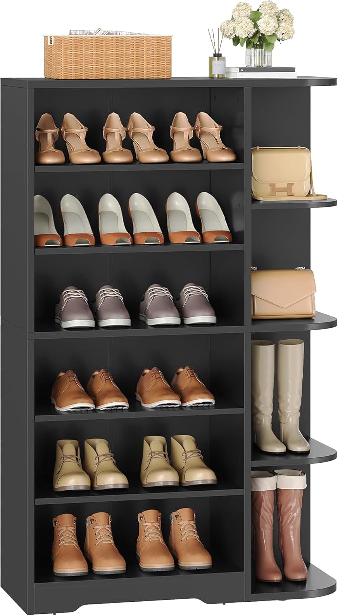 YATINEY Tall Shoe Rack, Multifunctional Shoe Cabinet with Open Storage, Entryway Shoe Organizer for Closet, 7-Tier Wooden Shoe Storage Closet with Adjustable Shelves, Black SC02BK