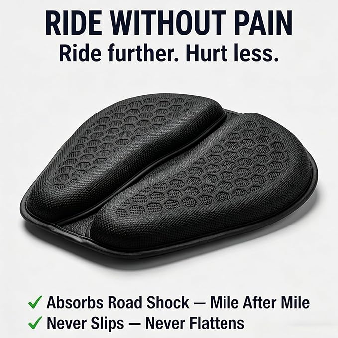 Motorcycle Seat Cushion, 100% Gel Rider Cushion, Universal Non-Slip Grip Ergonomic Motorcycle Seat Pad, 3D-Honeycomb Structure TPE Shock Absorption Breathable Seat Pad for Long Rides
