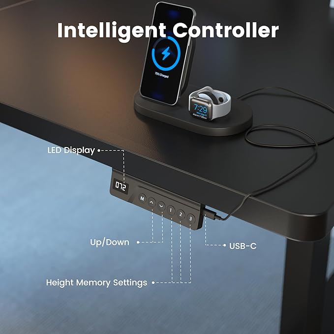 FEZIBO 83 x 37 Inch Standing Desk with Integrated Dual-Beam, Cable Management, 3 Memory Height Adjustable Computer Desk for Home Office Workstation, 1" Thick Large 3-Piece Desktop Black