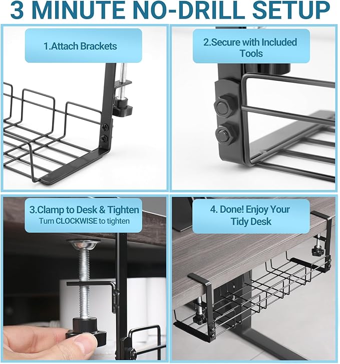 Under Desk Cable Management Tray, 15.7'' Metal Wire Organizer with Clamp, No Drill Desk Cord Rack for Cable Management, Computer Wire Organizer for Office and Home โ Sturdy & Scratch-Free