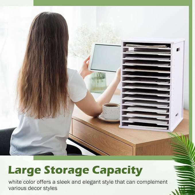 Juexica 15 Tier 8.5" x 11" Scrapbook Paper Organizer, White Cardstock File Organizer with Adjustable Shelves, Stackable Paper Trays, Desktop Storage Rack Document Holder for Desk Home Office