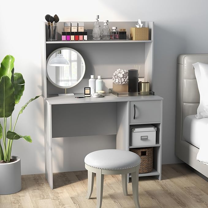 Giantex Computer Desk with Hutch, Home Office Desk with Storage Cabinet & Adjustable Shelf, 2 Cable Holes, Modern Laptop PC Desk Computer Workstation for Working, Study Writing Desk for Bedroom, Gray