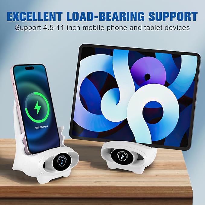 Mini Chair Wireless Fast Charger Multifunctional Phone Holder, Portable Mini Chair Wireless Charger, 3 in 1 Cell Phone Stand for Desk, Charging Desktop Cellphone Stand with Speaker Function (White)