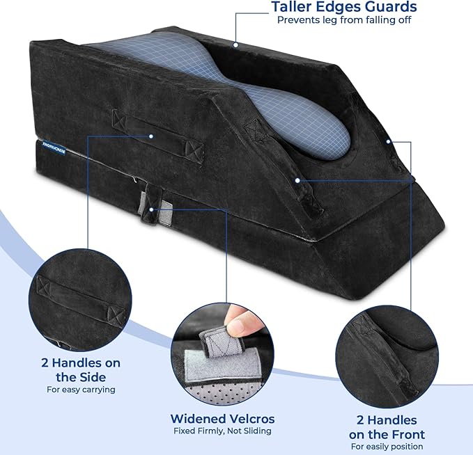 KingPavonini 4-Height Adjustable Leg Elevation Pillows for After Surgery with Ergonomic Curve, Memory Foam Wedge Pillow for Legs Swelling, Blood Circulation and Pain Relief, Black (Single Leg)