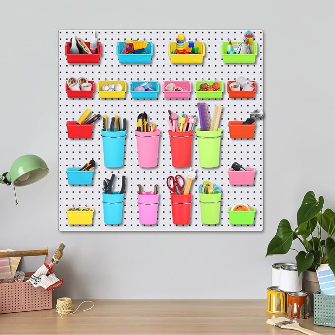 Roowest 60 Pcs Pegboard Cups Pegboard Bins Set, Wall Organizer with Hooks and Loops, Hooks Assortment Organizer Accessory for Office Storage Garage Craft Workshop(Multi Colors)