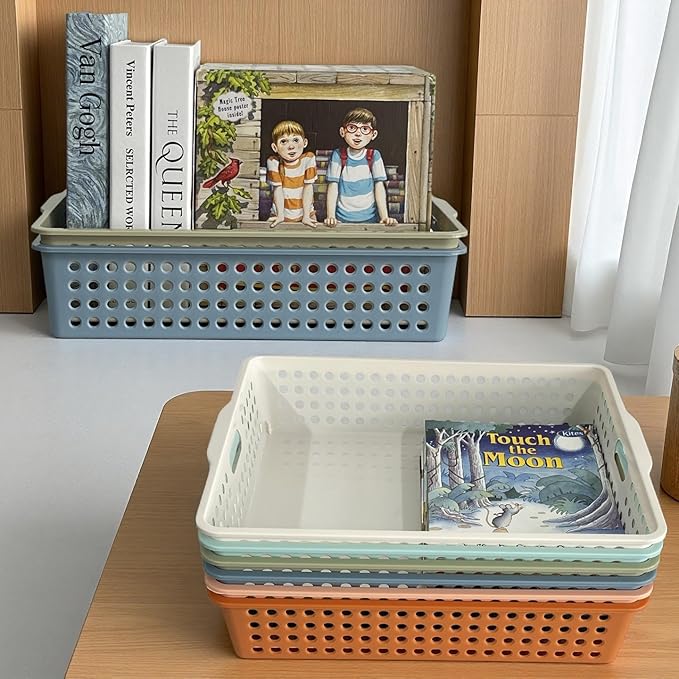 RAUVOLFIA 6 Pack Plastic Turn in Paper Trays for Classroom, Colorful Storage Bin Basket Organizers for School Supplies, Classroom Organization and Storage Tray Holds 4A Paper (Boho)