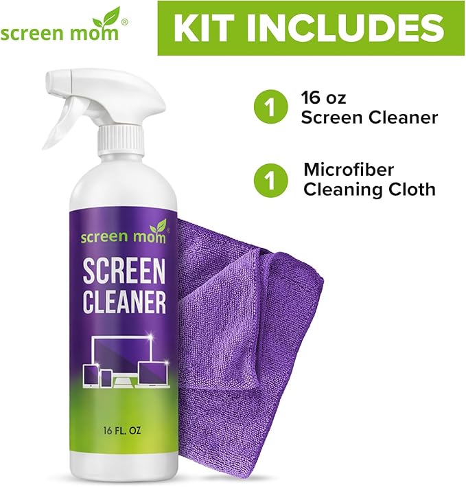 Screen Mom Screen Cleaner Spray and Microfiber Cloth 16oz Screen Cleaner Spray and Wipe for TV, Laptop, Computer, Phone, iPad, Car Screen Cleaning Kit Electronic Cleaner Spray