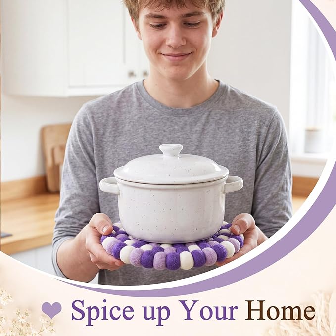 Lallisa 2 Pieces Felt Ball Trivet Round Felt Ball Coasters Handmade Trivet Multi Color Pot Mat Hot Plate Holder Heat Resistant Pot Holder for Table Desk Kitchen Decoration Accessories (Purple)