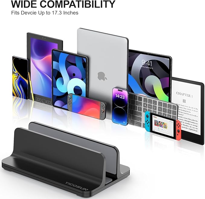 YICOSUN Aluminum Vertical Laptop Stand for Desk - Adjustable Width Dock for MacBook, Surface, Samsung, HP, Dell up to 17.3 inches - Space-Saving & Protective Design - Black