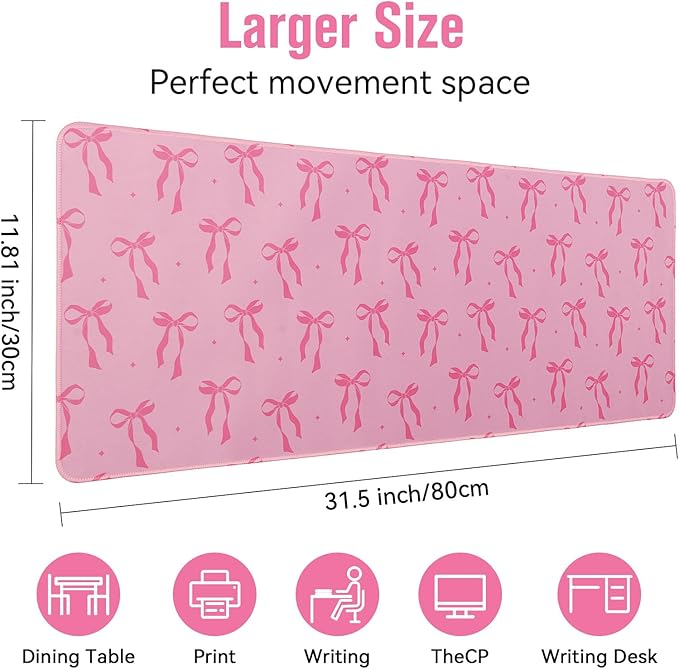 Large Gaming Mouse Pad 31.5 x 11.8in Desk Mat for Office Mousepad Anti-Skid Rubber Base Soft Comfortable and Durable Desk Pad (Pink Bow)