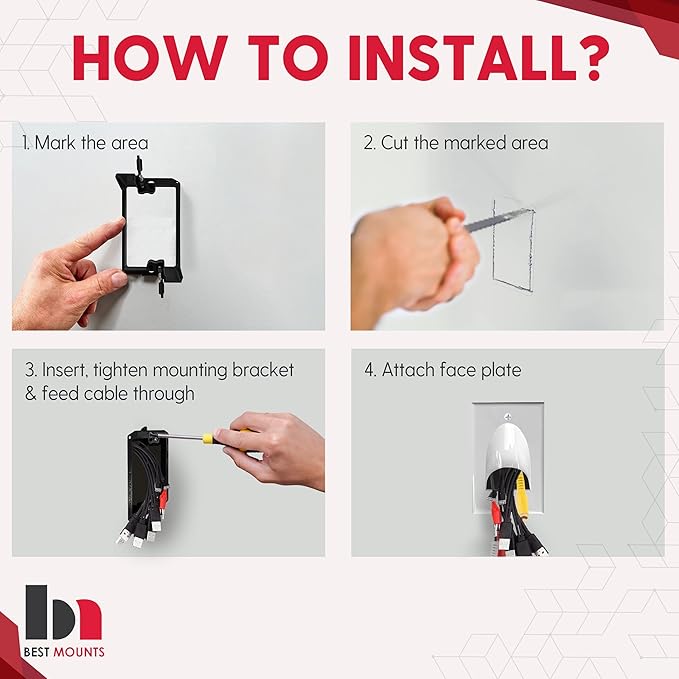 2 Pack Wall Plate Cable Pass Through with Bracket - In Wall Cable Management Kit - Recessed Cable Wall Plate Pair with Single Gang Low Voltage Mounting Bracket - Decorator Cover for Low Voltage Cables