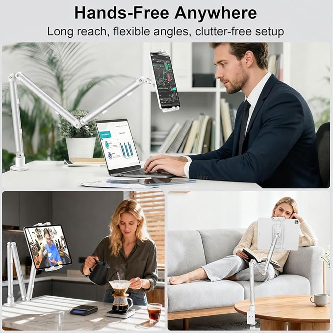 Portable Monitor Stand 15.6", Heavy Duty Tablet Arm Mount with Desk Clamp, Sag-Free Adjustable iPad Holder for Bed, 360° Foldable Arm Fits 4.7"-18.5" iPad Pro/Air/Mini, 2.2lbs Capacity, White