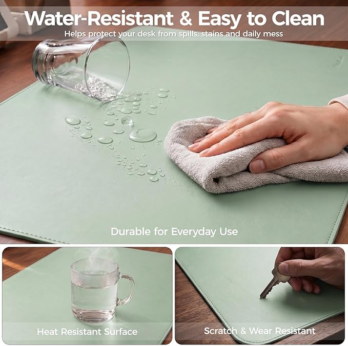 Large Desk Pad Non-Slip Desk Mat Protector for Keyboard Mouse Waterproof Vegan Leather Surface Faux Leather Laptop Mat Smooth Mouse Pad Premium Gift Tube Matcha Green 23.6" x 13.7"