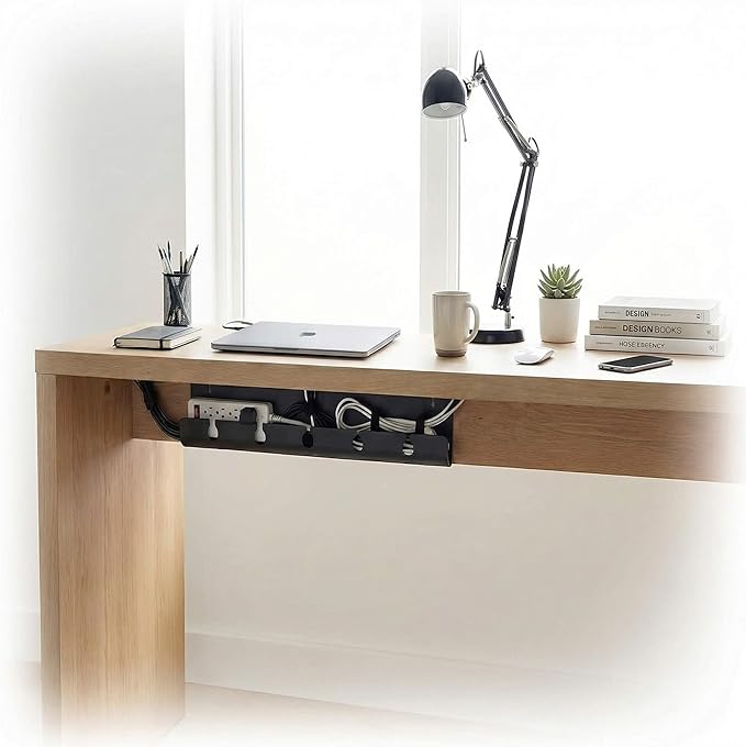 Ovanmexis Under Desk Cable Management Tray (2-Pack) with Quick-Release Mount - Snap-On Tool-Free, Includes Magnetic Cable Clips & Straps, No Drill Hidden Base for Home Office Standing Desk (White)