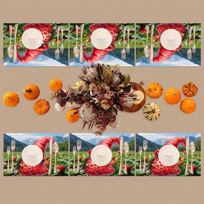 Placemats Set of 4 Heat-Resistant Rectangle Place Mats Strawberry Elf Washable Plastic PVC Dining Table Mat Non-Slip Wipeable Woven Vinyl Placemat for Kitchen Patio Table Decor