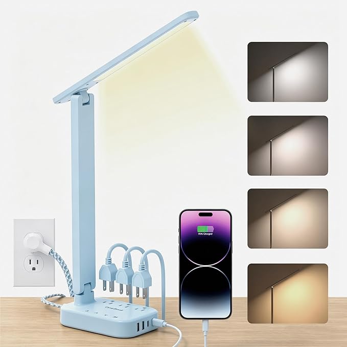 One Beat LED Small Desk Lamp Power Strip 5ft Extension Cord, 3 Outlets, 4 USB Ports(2 USB C), 4 Modes, 5 Level Touch- Home, Office, Bedroom, Bedside, Study Reading Light, Dorm Room Essentials, Blue