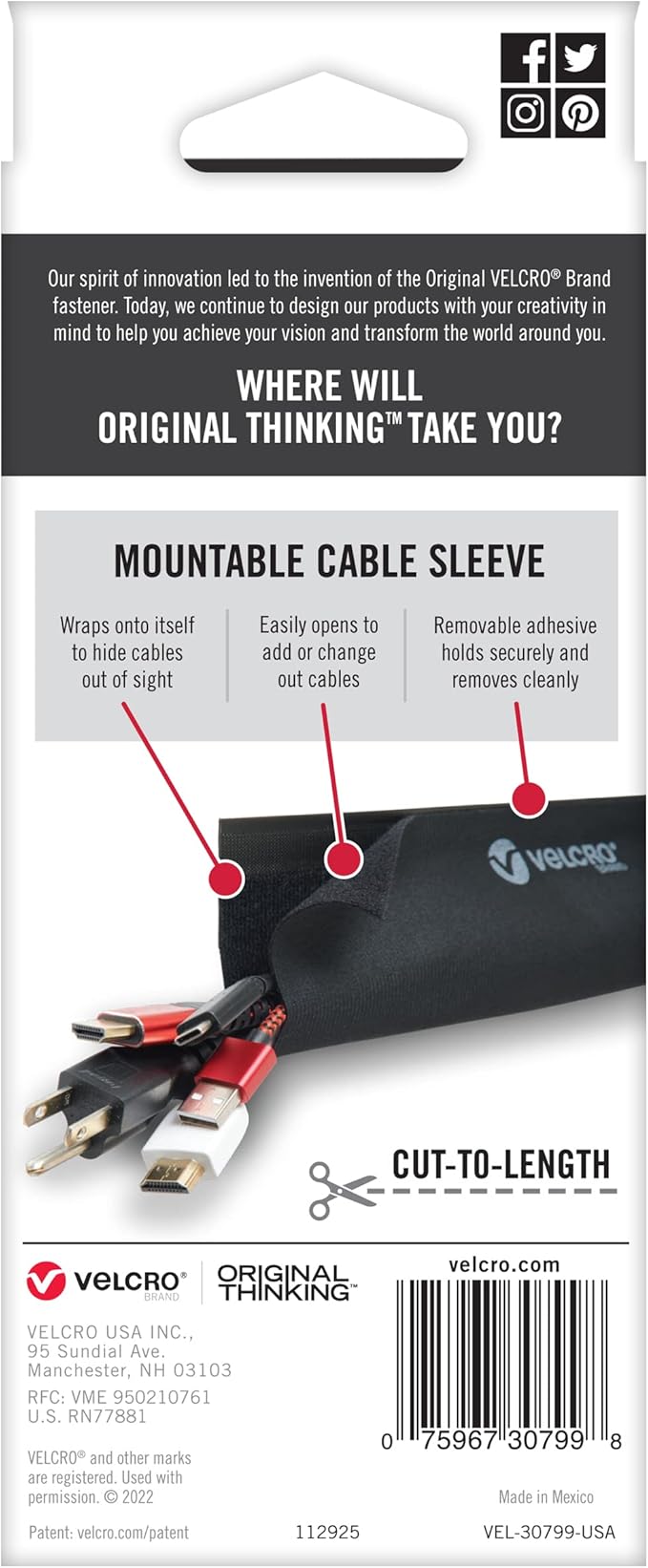 VELCRO Brand Mountable Cable Sleeve | 3-Ft Customizable Cable Raceway with Removable Adhesive | Cut to Length for Custom Size Wire Management | Cord Hider Mounts on Walls, Desk | Black, VEL-30799-USA
