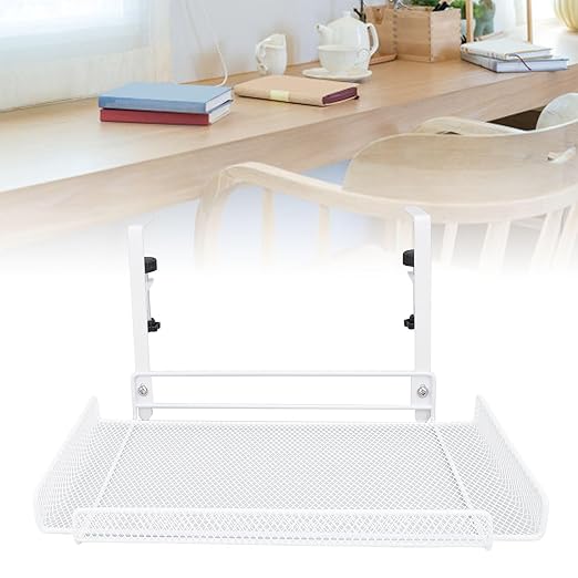 Under Desk Cable Management Tray, 14.4 x 7.9 x 6.9 Inch Large Cpacity Metal Mesh Desk Cable Tray with Clamp Mount No Drill Carbon Steel Desk Cable Organizer for Home Office (White)