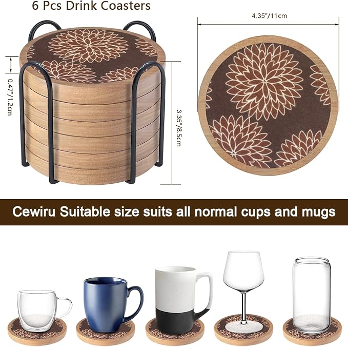 Wood Coasters Set of 6 with Holder, Cewiru Cup Mat for Drinks, Absorbent Coasters with Felt Insert for Coffee Table Protection, Modern Style Home Dining Table Decor, 4.3" Brown