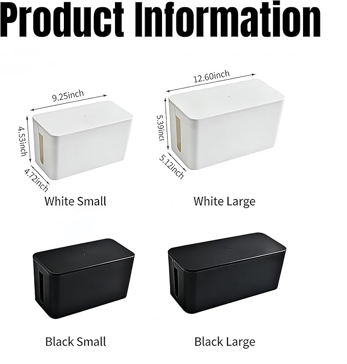 1 Large + 1 Small Cable Management Box Set – 2-Piece Cord Organizer Box, Home Office Desk Wire Storage & Cable Management Solution (Acryliclid lid/Black)