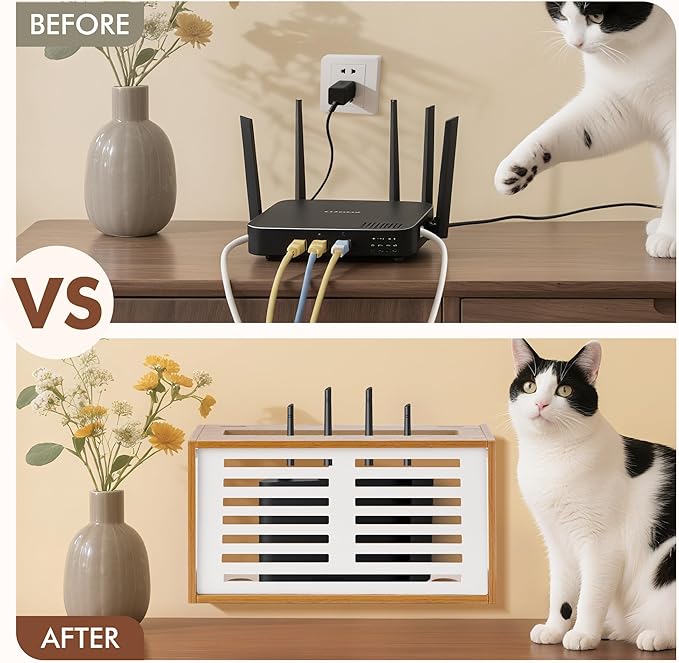 Router Shelf Wall Mount, WiFi Router Box Hider & Modem Storage Box with Cable Holes | Cable Management Organizer for Router, Modem, Power Strip | White, 13.9"x4.33"x7.68"
