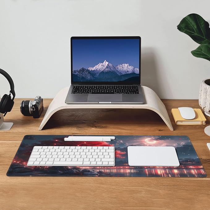 Gaming Mouse Pad Desk Pad,Extended Big Mouse Pad,31.5x11.8 Inch Long Computer Keyboard Mouse Mat Mousepad with 3mm Non-Slip Base and Stitched Edge for Gaming and Officeโฆ (Night Lake)