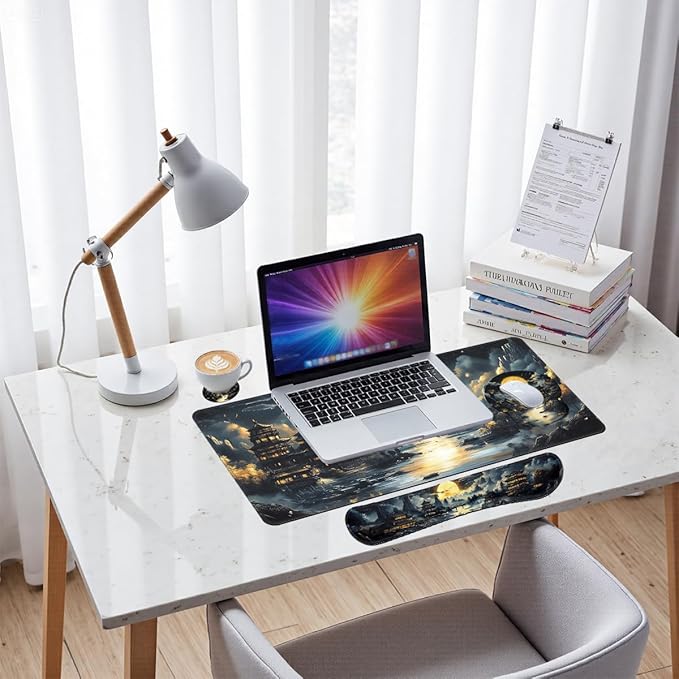 Fantasy Temple Desk Mat Set Golden Moon Asian Night Landscape Large Mouse Pad with Wrist Rest 4in1 Desk Mat for Desktop Ergonomic Computer Desk Arm Wrist Anti-Slip Computer Mouse Pad Office Gaming