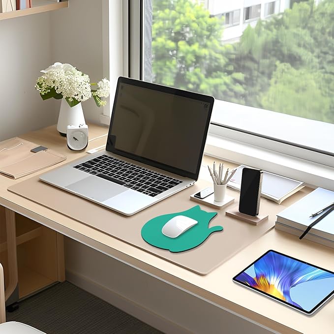 Funny Leather Mouse Pad Cute Cat Shape Office Desk Accessories Decor for Women Small Mousepad with Non-Slip Rubber Base Washable Waterproof, 9.7" x 8", Light Green
