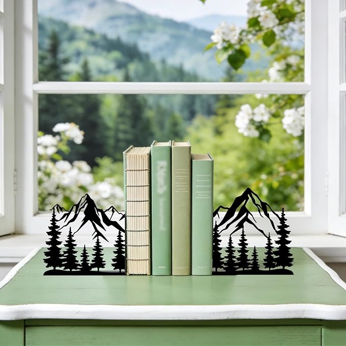 Metal Bookends Mountain Bookends Decorative Modern Book Ends for Shelves Bookshelf Home Office Desk Decorative Shelf Stoppers for Books Space-Saving Desk Organizer