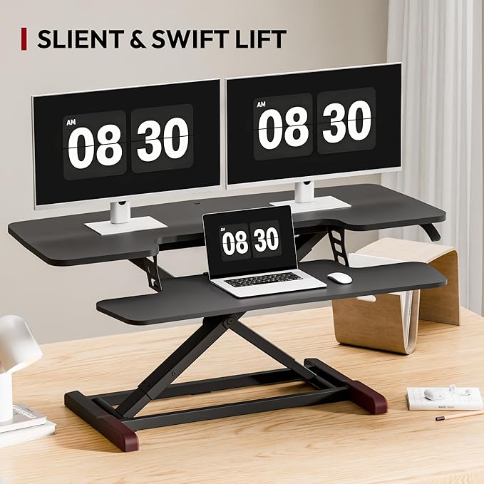 SANODESK 42" Extra Large Standing Desk Converter, Height Adjustable Sit Stand Riser with Wide Keyboard Tray, Dual Monitor Workstation for Home Office, Ergonomic Desktop Riser, Black