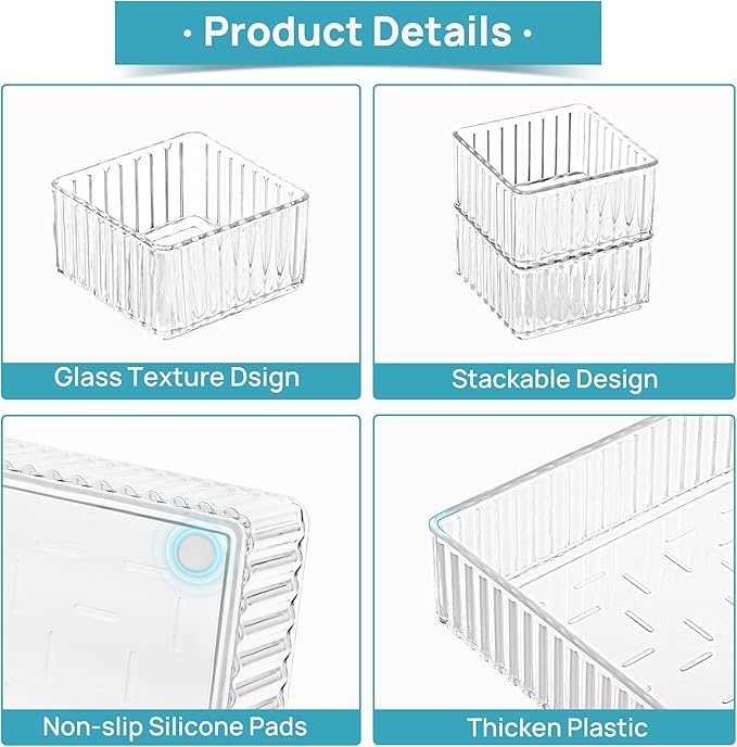 Vtopmart 7 PCS Clear Drawer Organizers Bins, 4-Size Stackable Makeup and Vanity Drawer Organizer Trays, Acrylic Bathroom Drawer Storage Containers for Cosmetic, Office Supply, Kitchen Utensils Gadgets