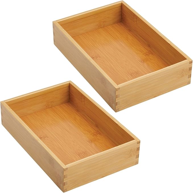 mDesign Bamboo Kitchen Cabinet Drawer Organizer Tray Bin - Eco-Friendly, Multipurpose - Use in Drawers, on Countertops, Shelves or in Pantry - 6.9 x 10.4-2 Pack - Natural Wood Finish
