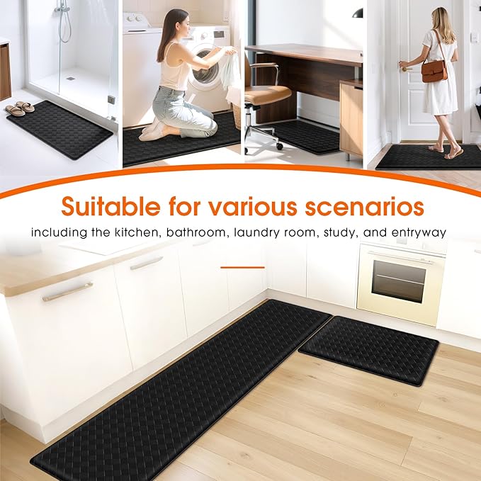 TranquilRelax 4/5 Inch Thick Anti-Fatigue Kitchen Mats 2Pcs, Cushioned Non-Slip Waterproof Sink & Stove Floor Mats, Comfortable Standing Rug Set for Kitchen, Laundry & Entryway, Black
