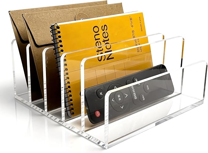 Clear Acrylic Desk Organizer – 5 Compartment Mail Holder & Letter Sorter for Office, Bills, Documents, Notebooks – Modern Vertical File Rack for Home