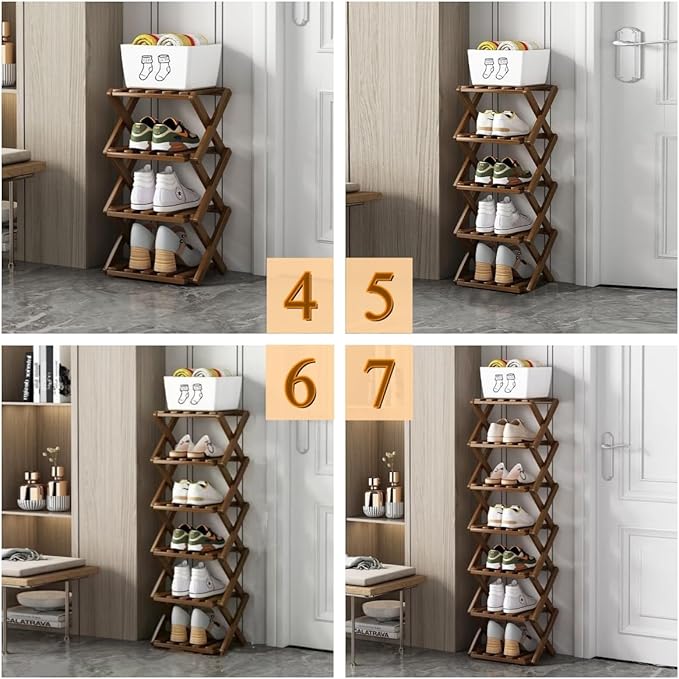 Foldable Shoe Rack, Bamboo Vertical Shoe Organizer Tall for Small Spaces. Multifunctional Narrow Shoe Shelf for Entryway, Closet, Corner, Bedroom, Hallway, Brown Color 5 Layers