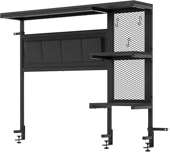 Clamp On Desk Shelf, 3-Tier Above Desk Extender with Pegboard & Hooks, Metal & Wooden Desktop Bookshelf & Organizer, Tabletop Storage Rack for Office Accessories, 38.3" W x 33" H, Black