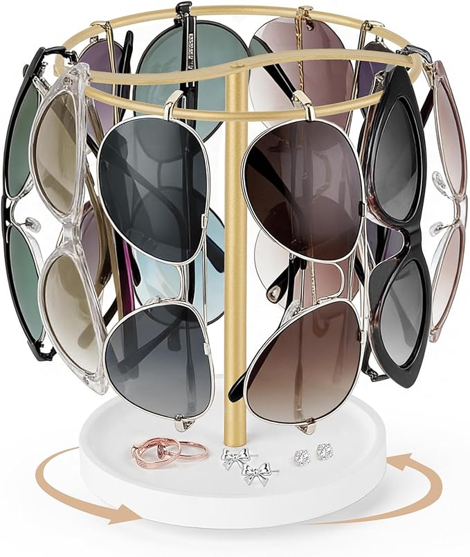 Mkono 360° Rotating Sunglasses Organizer Eyeglasses Holder Stand Metal Frame with Wood Base Tray Storage Display Rack for up to 12 Pairs of Eyewear for Table Dresser Desk Bedroom