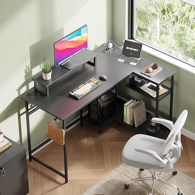 DEVAISE 47" L Shaped Gaming Desk with LED Lights and Power Outlets - Spacious Corner Computer Table with Monitor Stand and Storage Shelves for Work and Gaming, Black