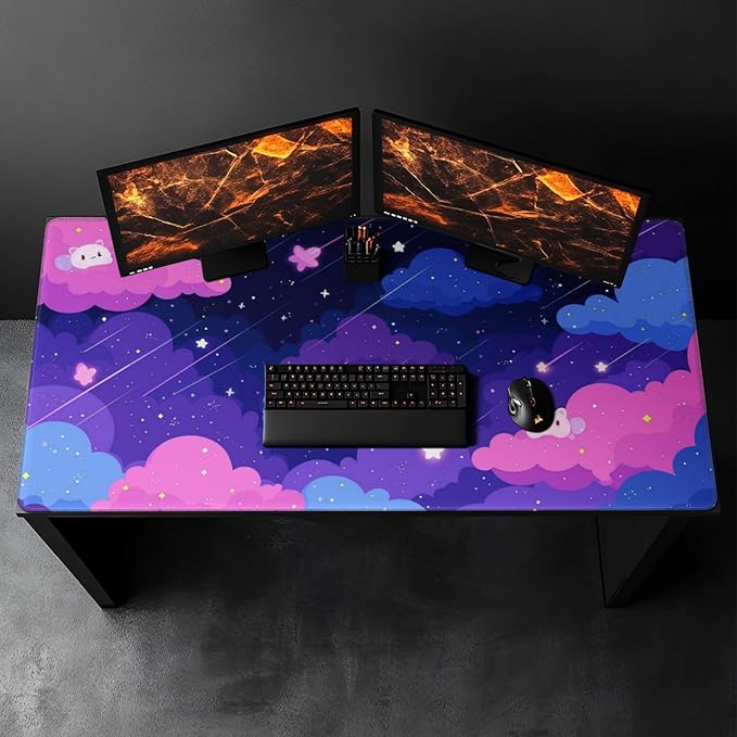 Extra Large Mouse Pad 48x24 Inch, Cute Cartoon Cat Starry Sky Desk Mat with Non-Slip Base, Purple Mousepad for Gaming Office, Soft Keyboard Mat for Full Desk Coverage