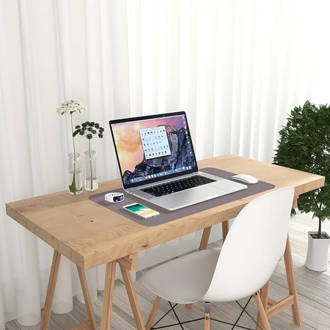 Hsurbtra Desk Pad, 23.6" x 13.8" PU Leather Desk Mat, M Extended Mouse Pad, Waterproof Desktop Blotter Protector, Non-Slip Ultra Thin Small Laptop Keyboard Writing Mat for Office Home, Light Gray