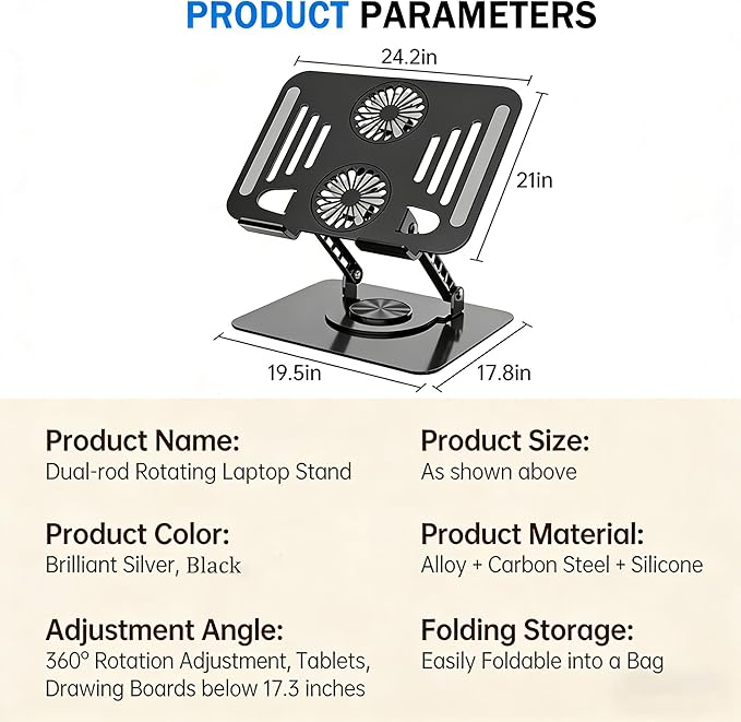 Laptop Stand with Cooling Fan, 360° Rotating Base Aluminum Laptop Riser, Foldable Ergonomic Computer Stand for Desk, Height Adjustable Notebook & All Laptops Up to 17.3" (Black)