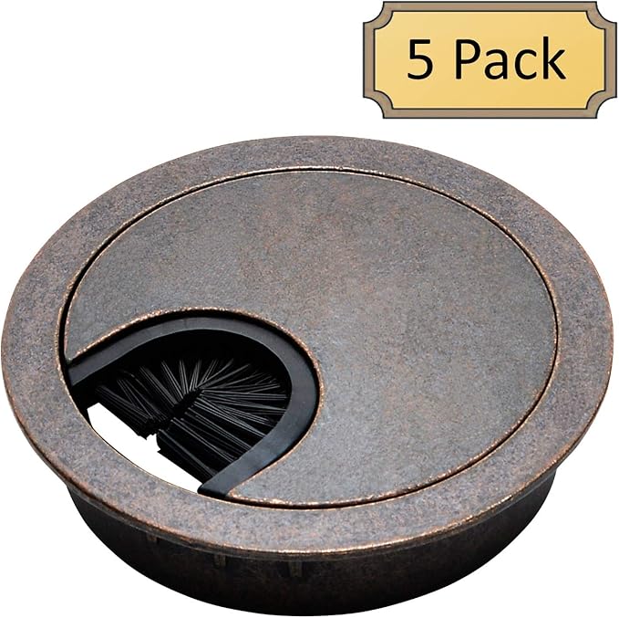 Antique Bronze Metal Cable Grommet | 2 Piece "Lock in" Feature with "Brush" Opening for Management of Office & Computer Desk Wires | 60mm (2 3/8") Hole Opening | 5 Pack