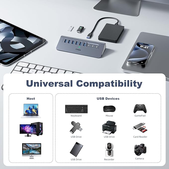 Powered USB Hub 10Gbps, intpw YH6AC 9-Port USB HUB with 10Gbps USB A/USB C 3.2, 4 USB 3.0, 2 PD 45W Charging Port, 65W Power Adapter + 4.92FT Cable, Aluminum USB Hub for Laptop, PC,iPhone 17/16