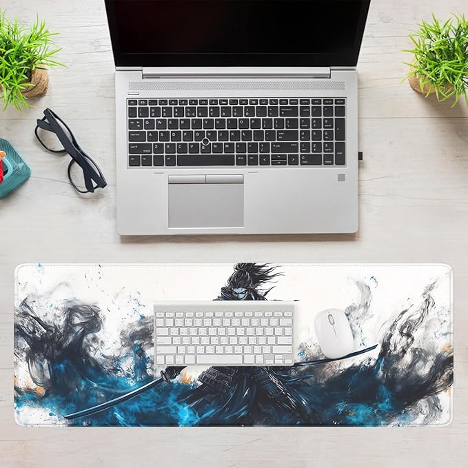 Dark Samurai Gaming Mouse Pad Japanese Legendary Armor Blue Flame Extended Mousepad Waterproof Stitched Edges Rubber Base Non-Slip Deskmap Computer Keyboard Mat 31.5x11.8 in