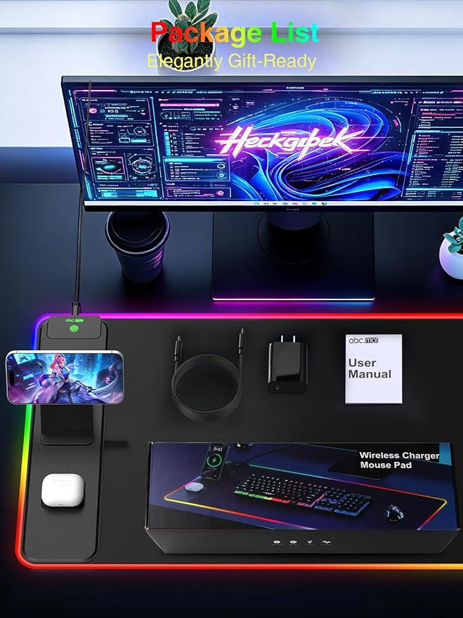 4-in-1 RGB Gaming Mouse Pad with Magnetic Wireless Charging & Phone Stand, 31.5"x15.8" Large, 24 Light Effects, Non-Slip Base, Waterproof Ultra-Smooth Surface, with Adatper
